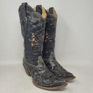 Corral Boots 7.5M Black Leather Distressed Western Floral Lizard Inlay C2108